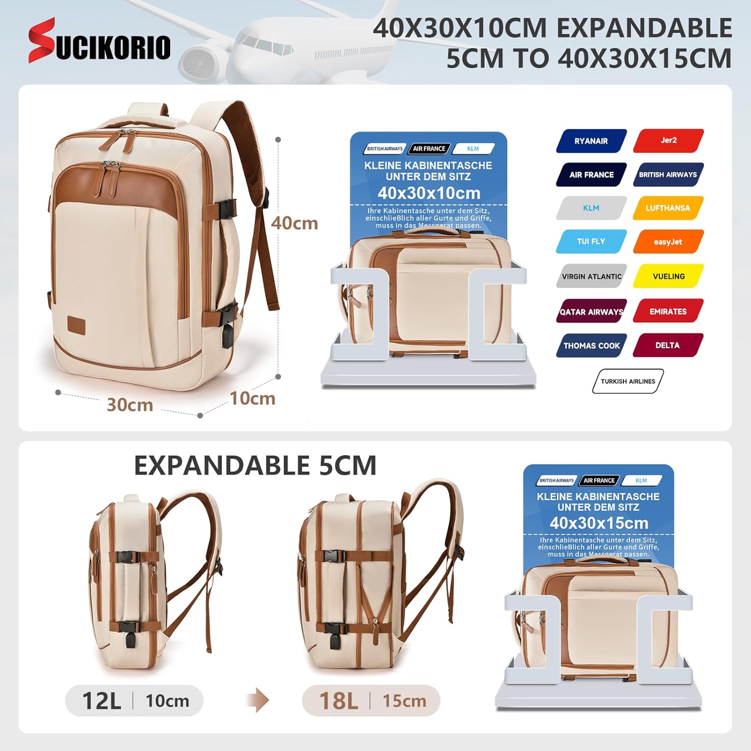 Detalle de SUCIKORIO 40x30x10cm Lufthansa Expandable Travel Backpack – Underseat Cabin Bag with Wet Bag & 3 Small Pouches