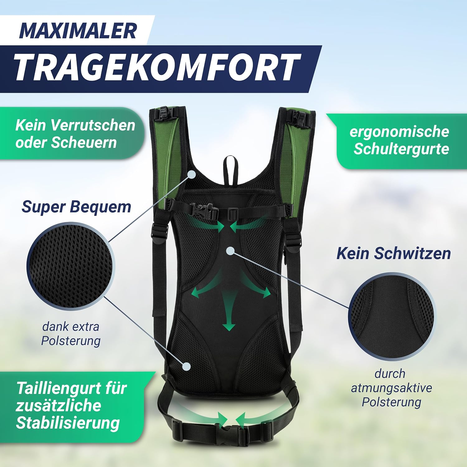 Detalle de SASMO Fahrradrucksack klein 6L (Grün) – Thermofach, Helmnetz & wasserdichtes Design