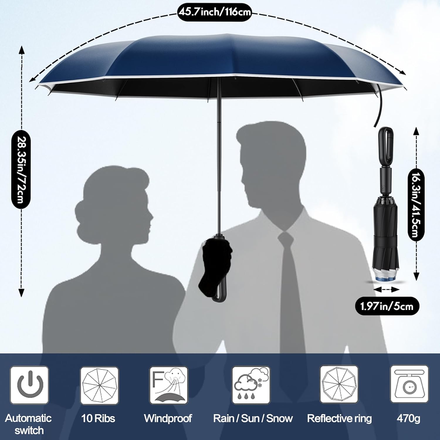 Detalle de Copulan Windproof Compact Travel Umbrella – Inverted, 10-Rib Wind-Resistant, Auto Open/Close