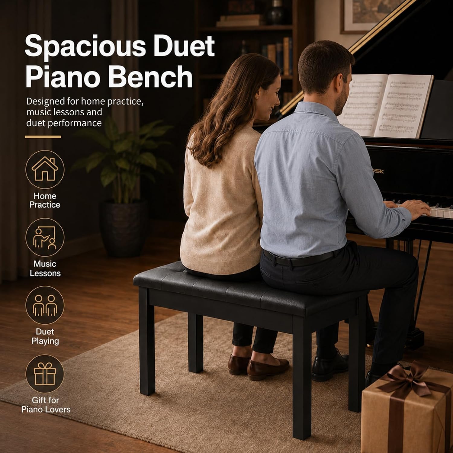 Detalle 2 de AODSK GQY-BLK-SBN1 Wooden Duet Piano Bench, Black, Padded Seat and Storage