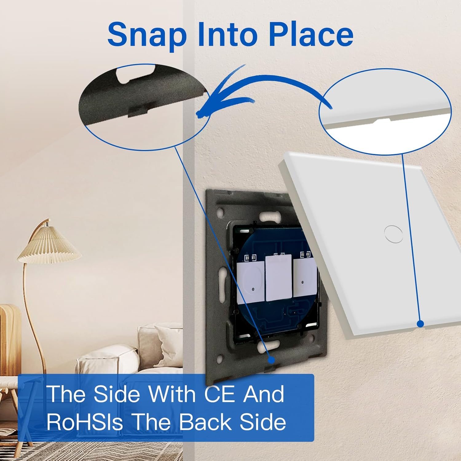 Detalle de BSEED Touch Light Switch (Tempered Glass Panel, LED Indicator) – 1 Gang, 1 Way, White (No Neutral Wire)
