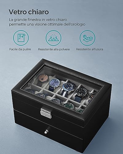 Detalle de SONGMICS Porta Orologi JWB020: Scatola a 2 Livelli con Coperchio in Vetro, Cuscinetti Rimovibili e Interno Grigio