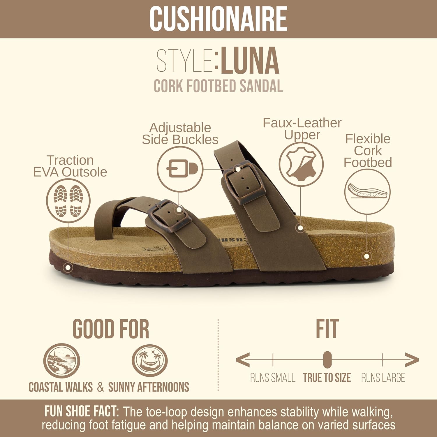 Detalle de CUSHIONAIRE Luna Cork Footbed Sandals for Women with Adjustable Straps (Wide Width Available)