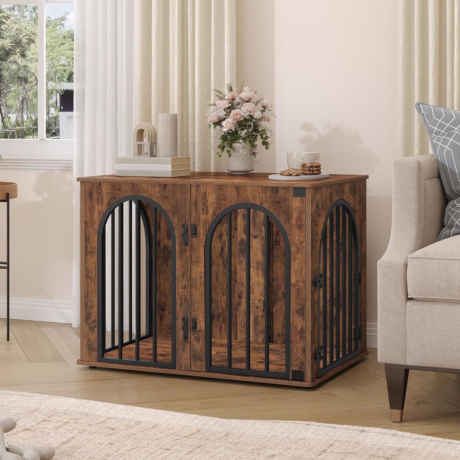 Detalle de Hzuaneri cage pour chiens 80 cm avec 3 portes et arche d’accès DFC85101B (marron rustique)