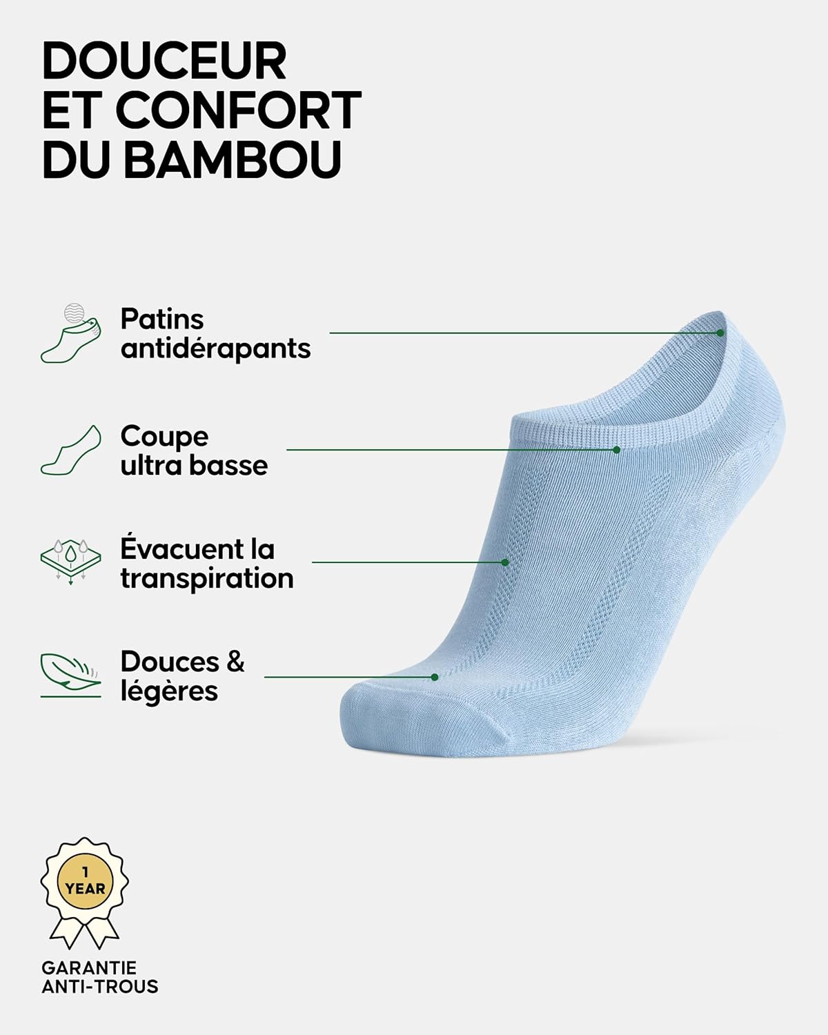 Thumbnail 1 de DANISH ENDURANCE Chaussettes invisibles en bambou (viscose), antidérapantes — lot de 6 unisexe