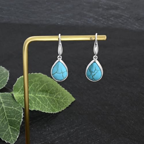 Detalle de Weviway Silver Turquoise Teardrop Earrings — Vintage Boho, Hypoallergenic, Lightweight