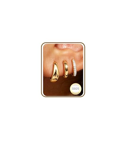 Detalle de SMILYA 3 Pairs Gold Hoops Earrings for Women – Hypoallergenic 925 Silver Posts, Multi-Design Stacks