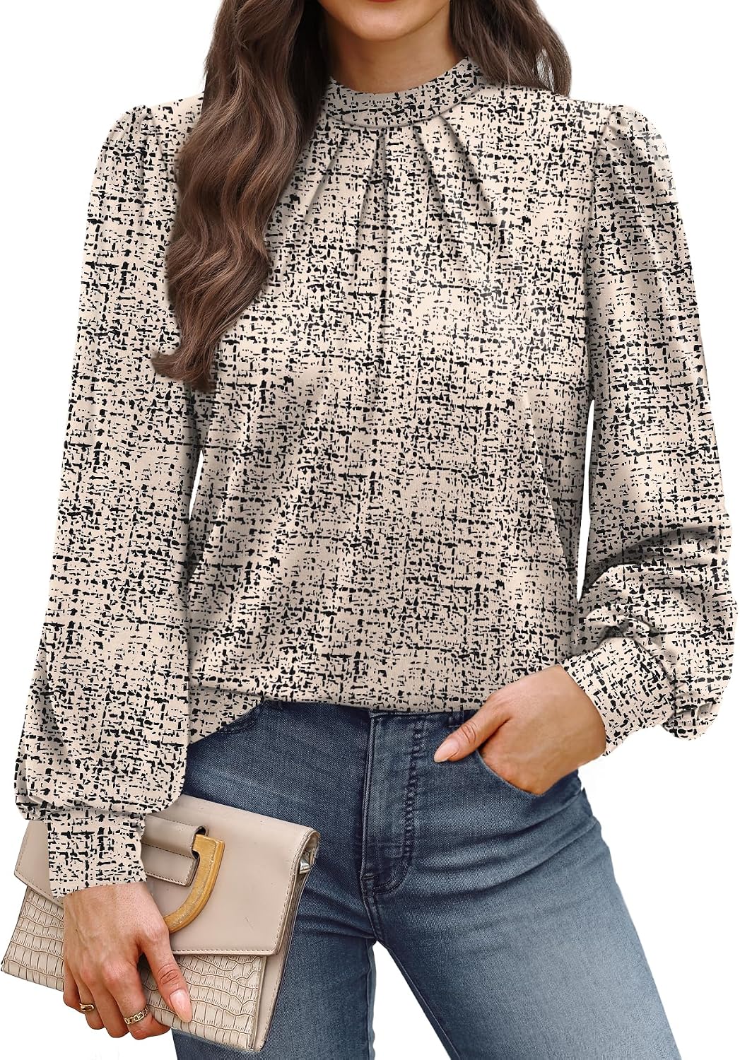 Detalle de WIHOLL Women's Mock Neck Pleated Long-Sleeve Tunic Blouse