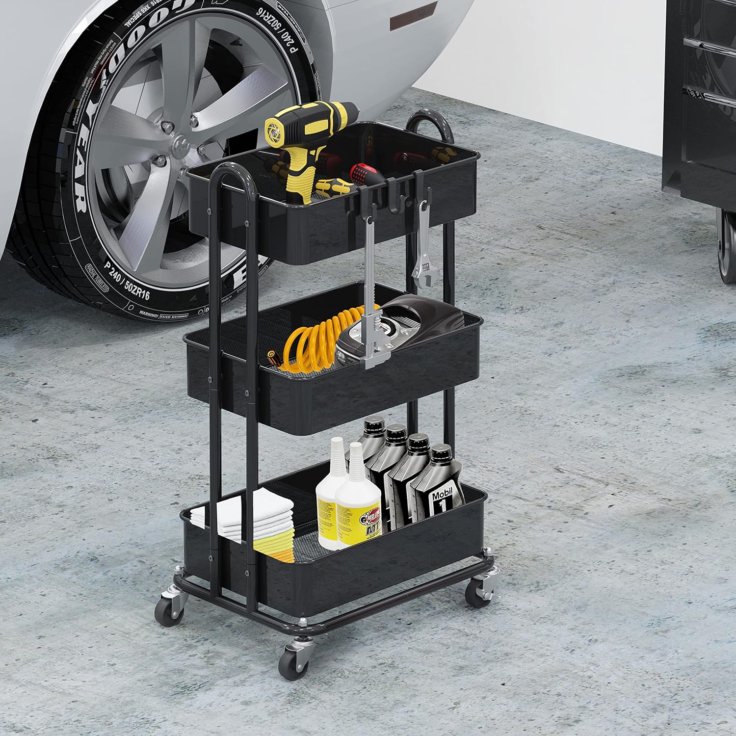Detalle de Simple Houseware CB-10C-1 3-Tier Metal Utility Rolling Cart, Black