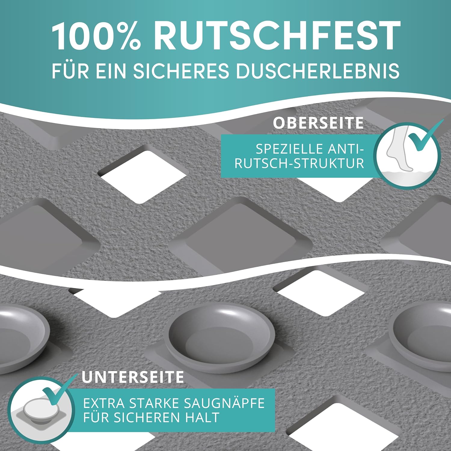 Detalle de Engelbach Duschmatte rutschfest 53x53 cm – antibakteriell, BPA-frei, inkl. zwei Haken