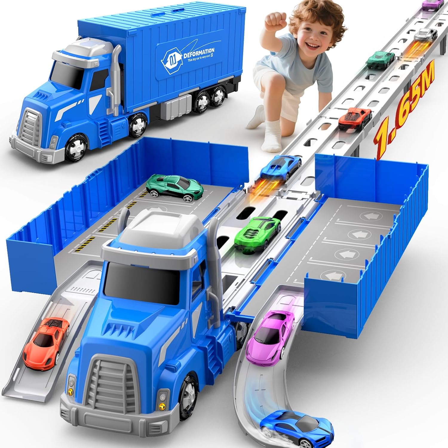 Detalle de maysida 3-in-1 Containerwagen Transport Truck mit faltbarer Rennbahn und 6 Spielzeugautos (ab 3 Jahren)