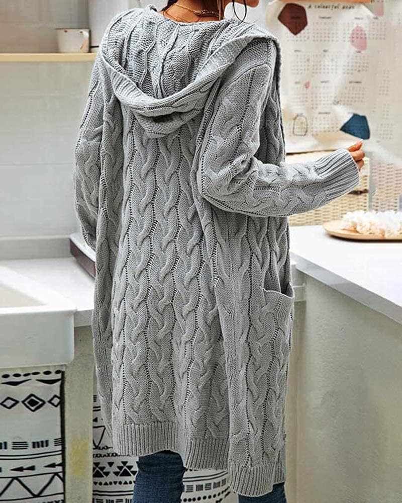 Detalle 2 de GeGekoko Damen-Strickjacke mit Kapuze und Taschen (Langarm, Grobstrick-Cardigan, offen) für Herbst & Winter