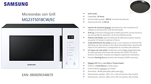 Thumbnail 8 de Samsung MG23T5018CW: Microondas con Grill 23 L, cerámica Enamel y ahorro Eco