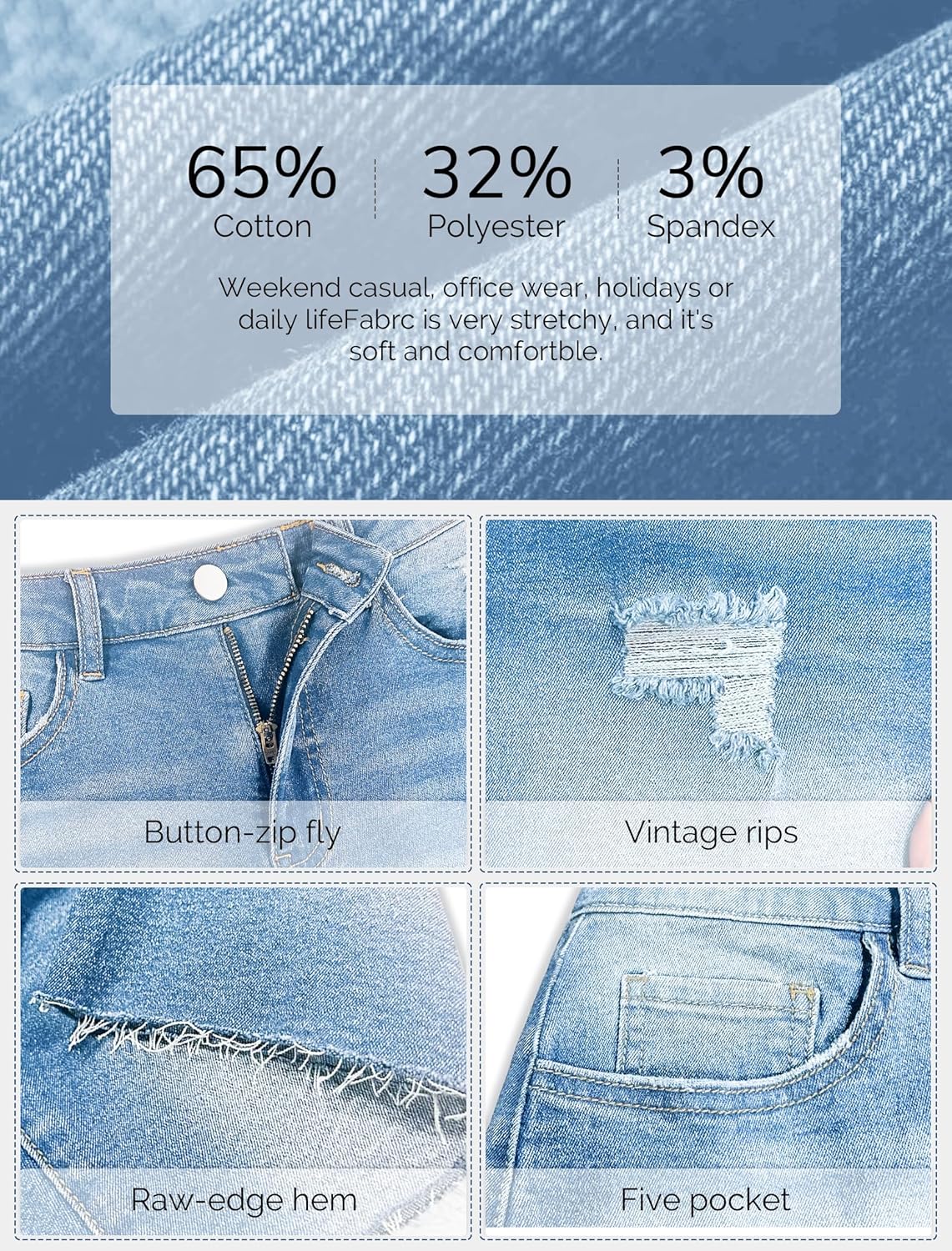 Thumbnail 4 de IWD Women’s High Waisted Stretch Denim Shorts with Ripped Hem