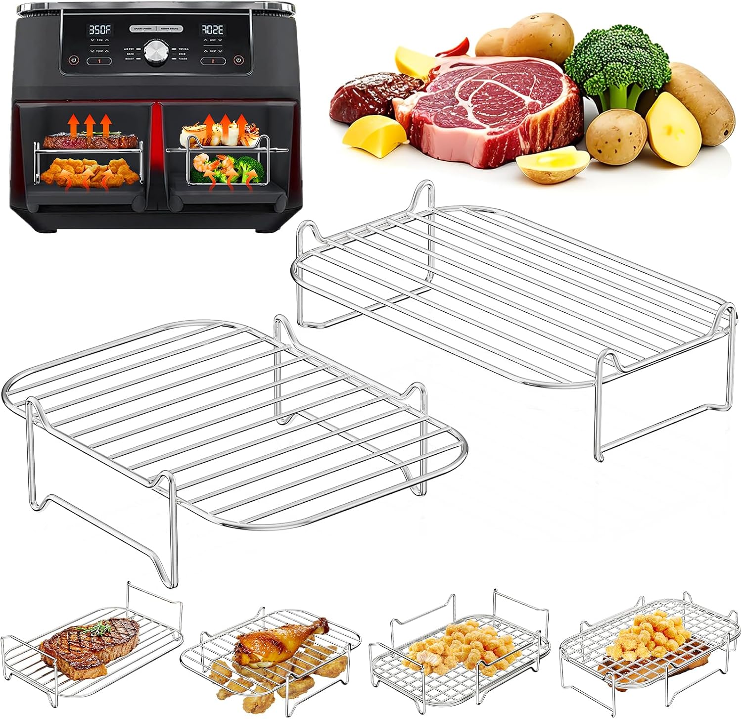 Detalle de PETHREE stapelbare grillroosters voor de airfryer, 2 stuks, RVS 304