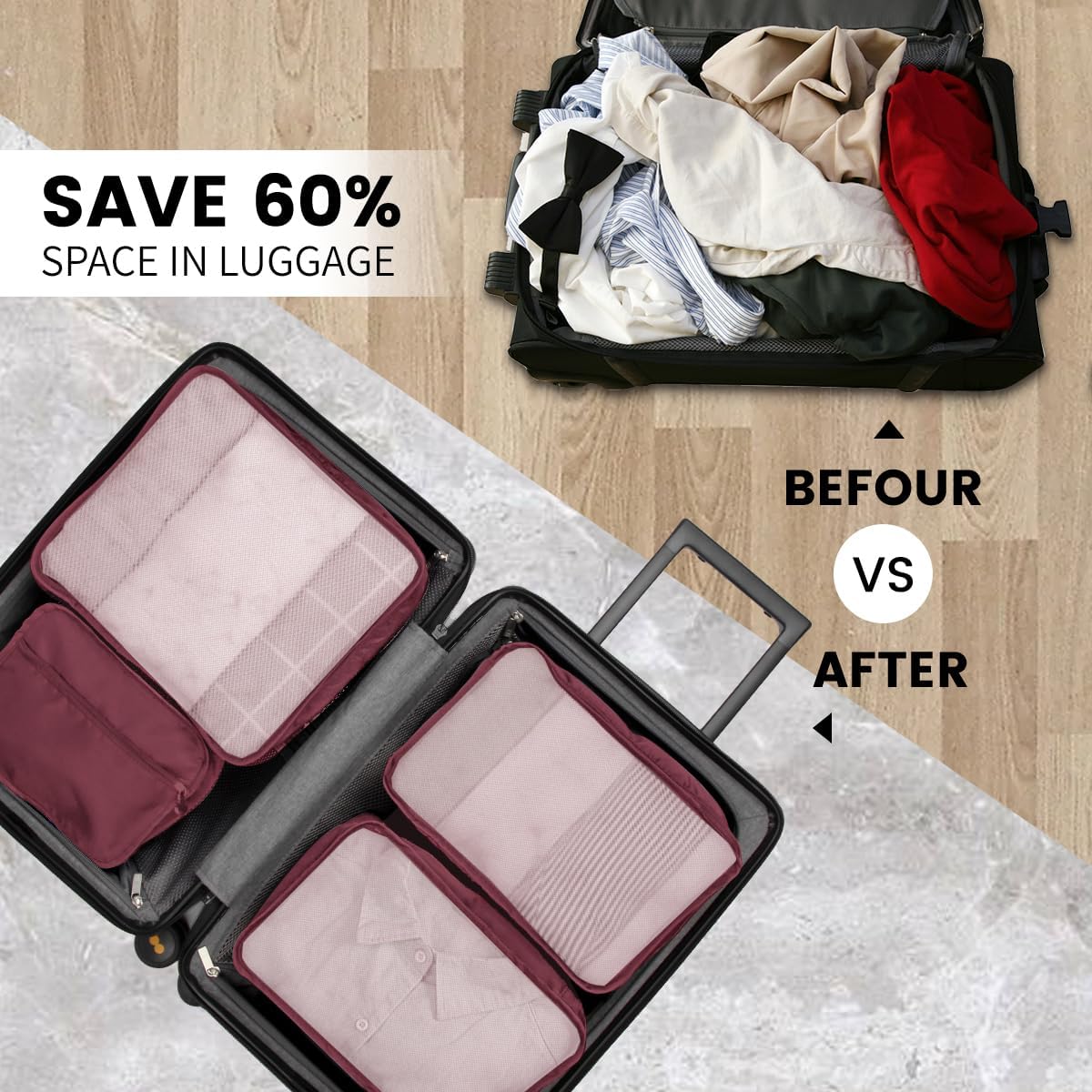 Detalle de Große Koffer Organizer Set (12-teilig) – wasserdichte Packwürfel, Travel Organizer für Gepäck, Weinrot