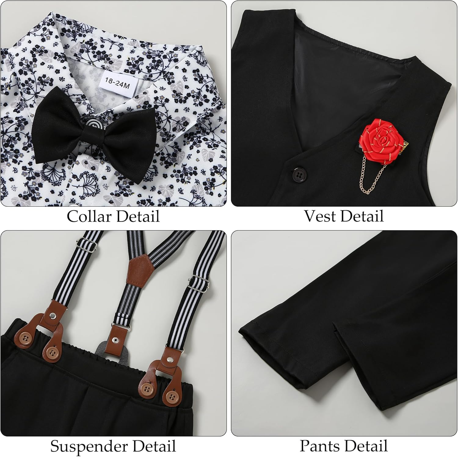 Detalle de WESIDOM 6-Piece Toddler Formal Suit Set: Dress Shirt, Bow Tie, Vest, Suspenders, Boutonniere & Pants