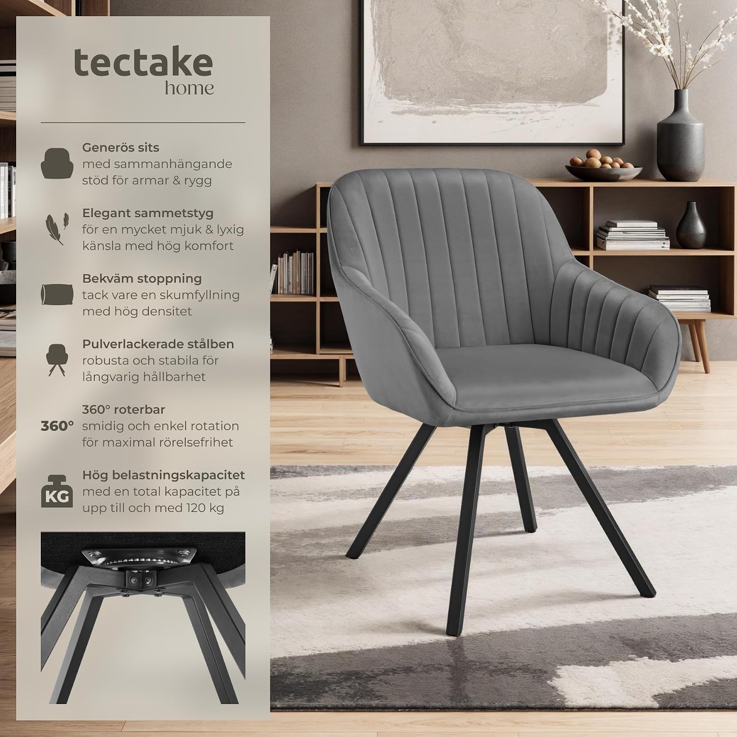 Detalle 2 de tectake Snug 405663 – roterbara fåtöljer i grå sammetslook, set om två