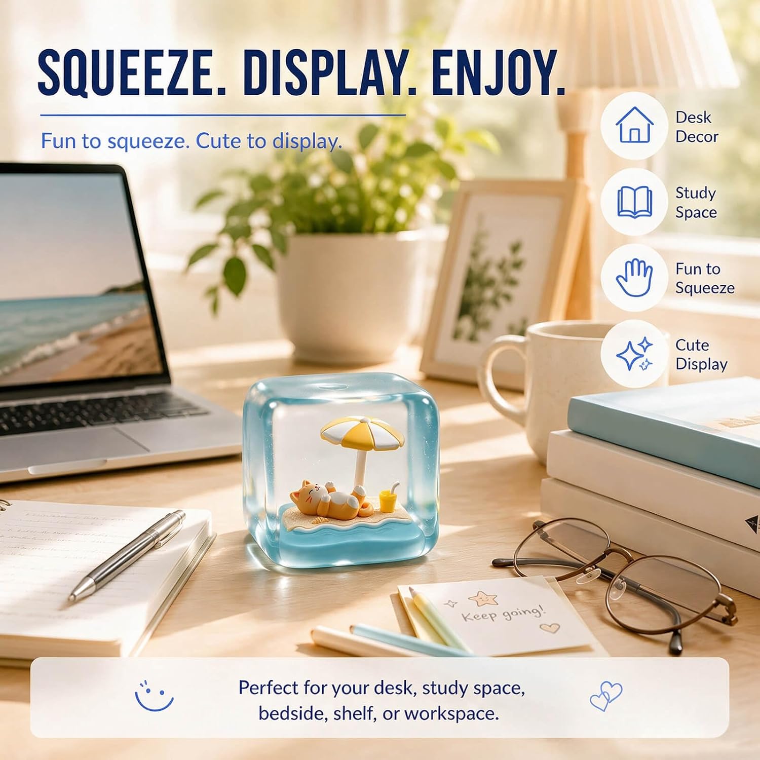 Detalle de HLXY Relaxed Cat Slow-Rising Sensory Stress Cube, Beach Scene