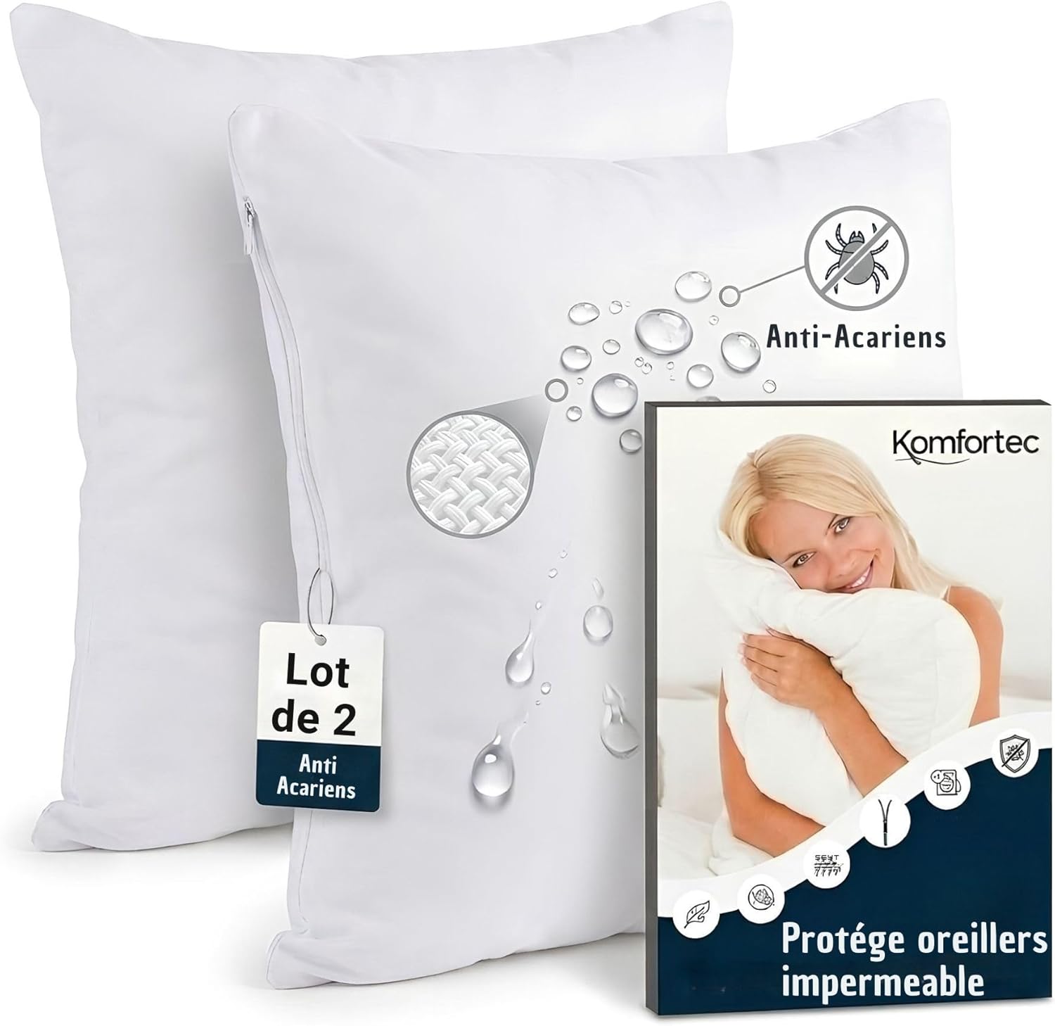 Detalle de Komfortec Protège Oreiller Imperméable 40 x 40 cm – Lot de 2 avec Fermeture éclair