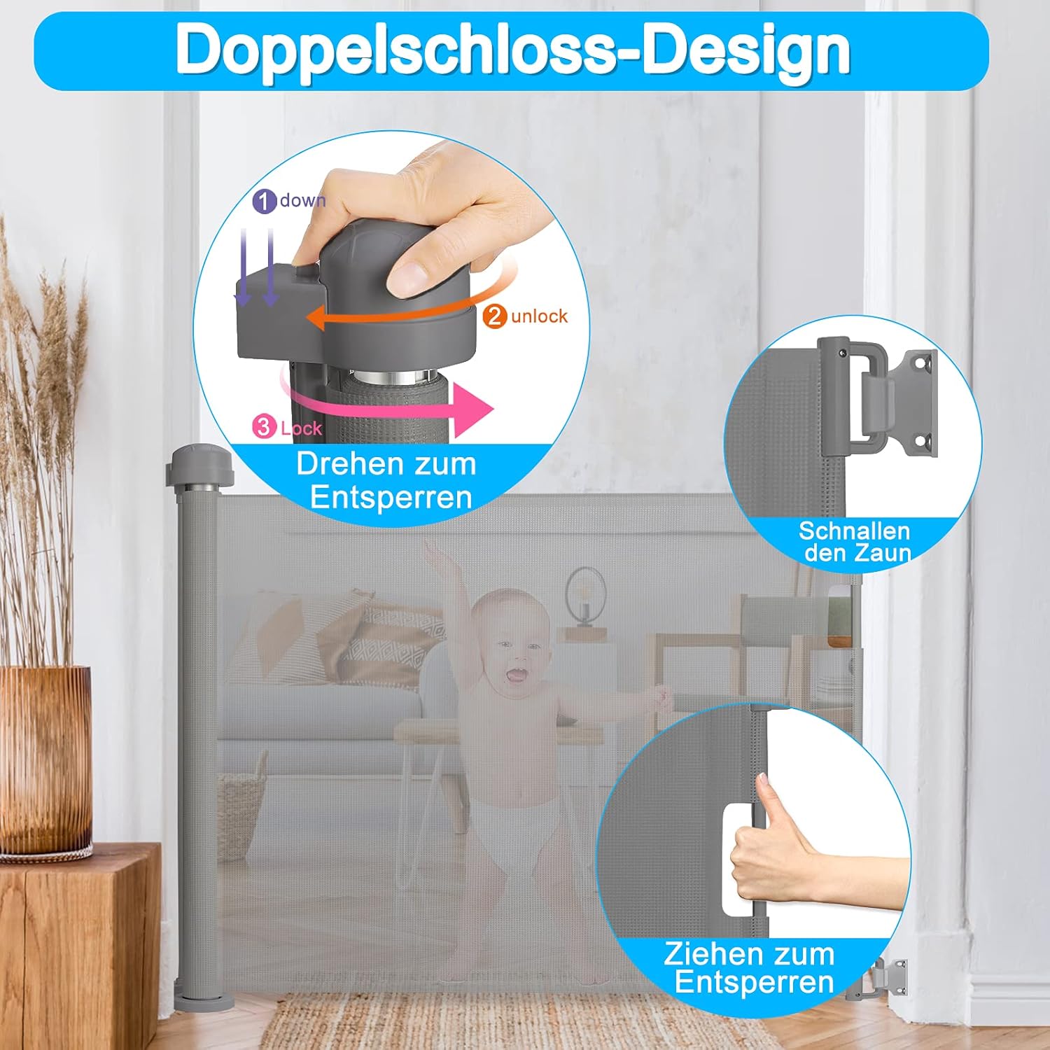 Detalle de LARS360 Türschutzgitter Ausziehbar 0-150 cm – Treppenschutzrollo für Baby und Haustier, Grau