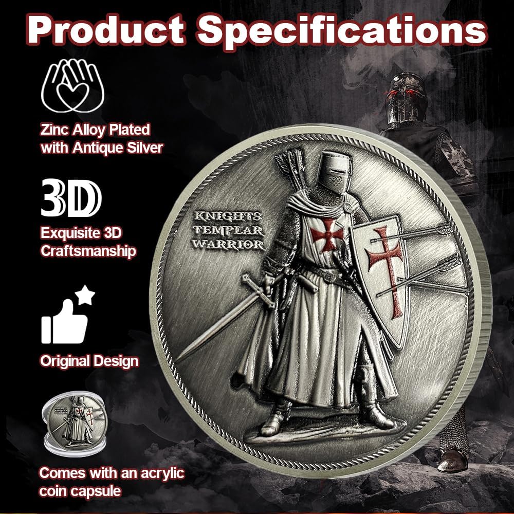Detalle de RYUKENLM Knights Templar Challenge Coin, Antique Silver-Plated Zinc Alloy