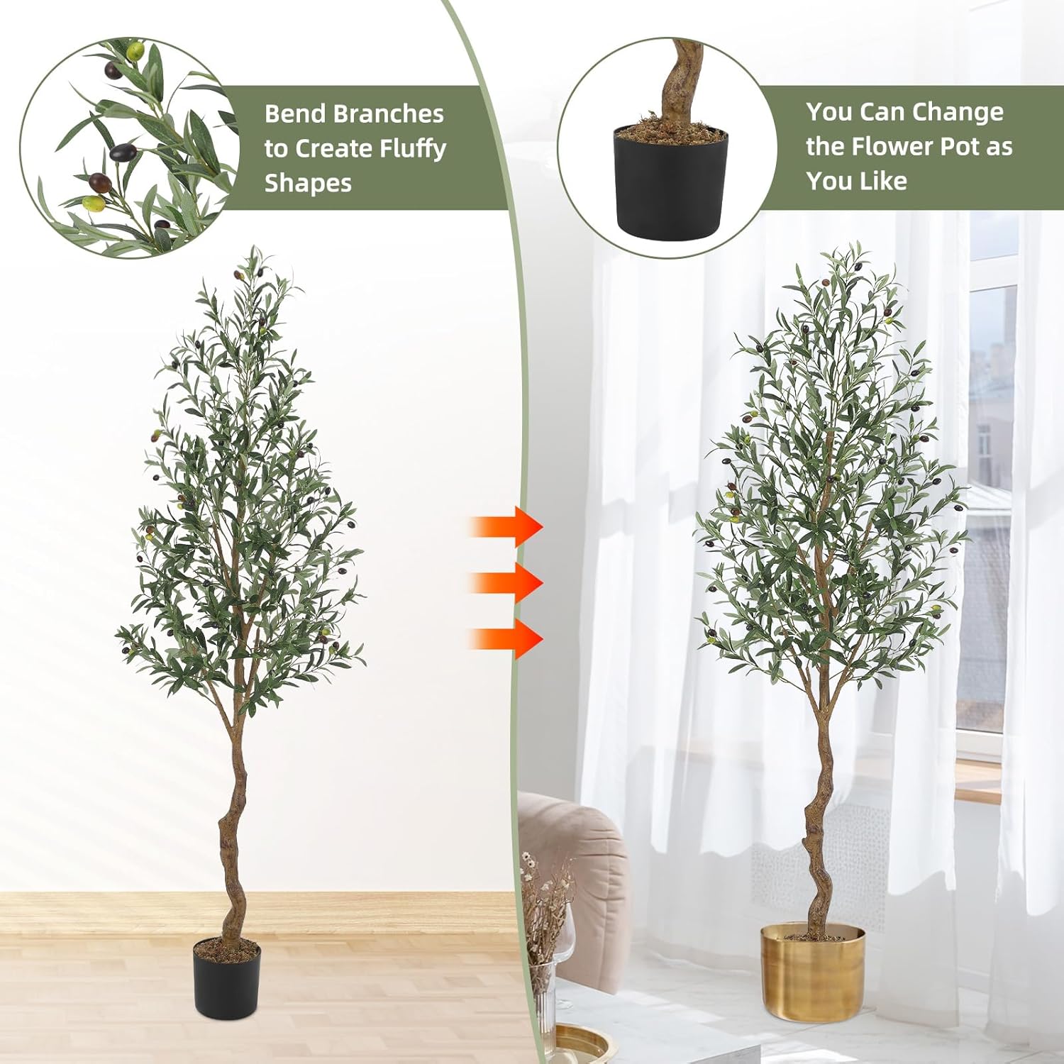 Thumbnail 2 de Aptliton 6FT Artificial Olive Tree (180cm) with Fruits & Wood-Style Trunk – Tall Fake Plant for Indoor/Outdoor Decor