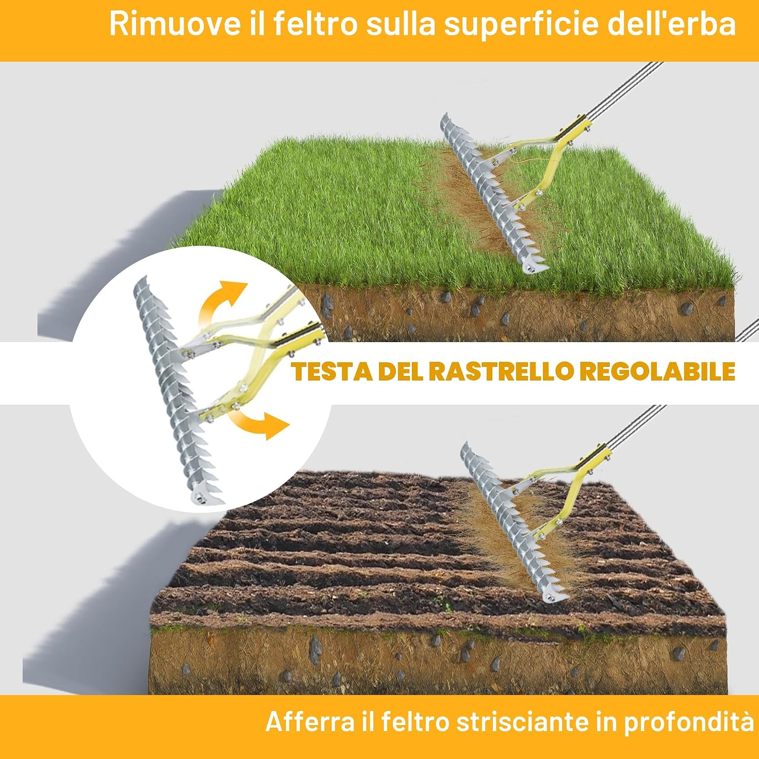 Detalle de BARAYSTUS Rastrello per paglia e prato con manico regolabile da 148 cm – pettine multiuso per diserbo e concimazione