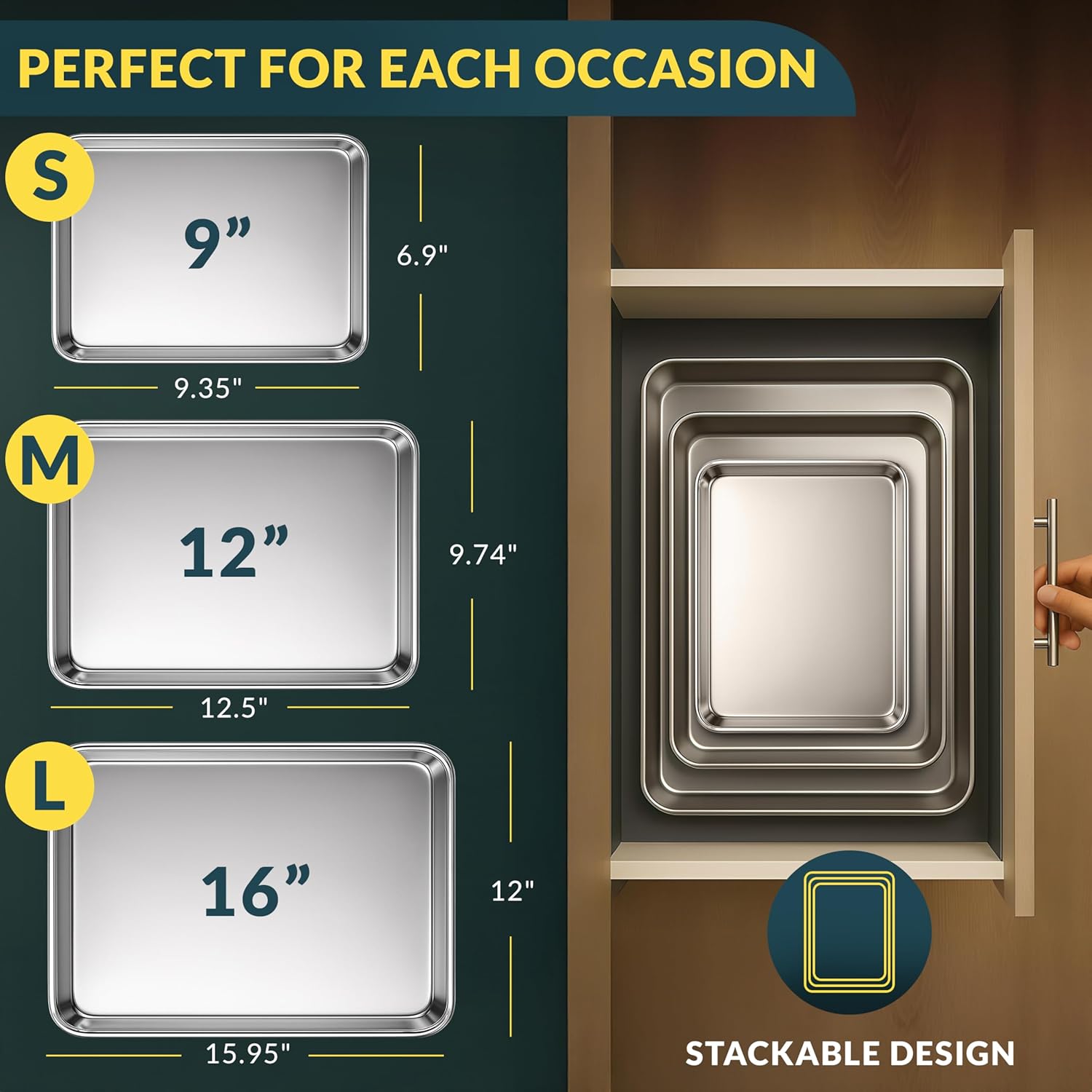 Detalle 2 de Baker’s Signature Stainless Steel Cookie Sheet Pan Set (3-Piece) — Mirror Finish, Non-Stick, BPA Free