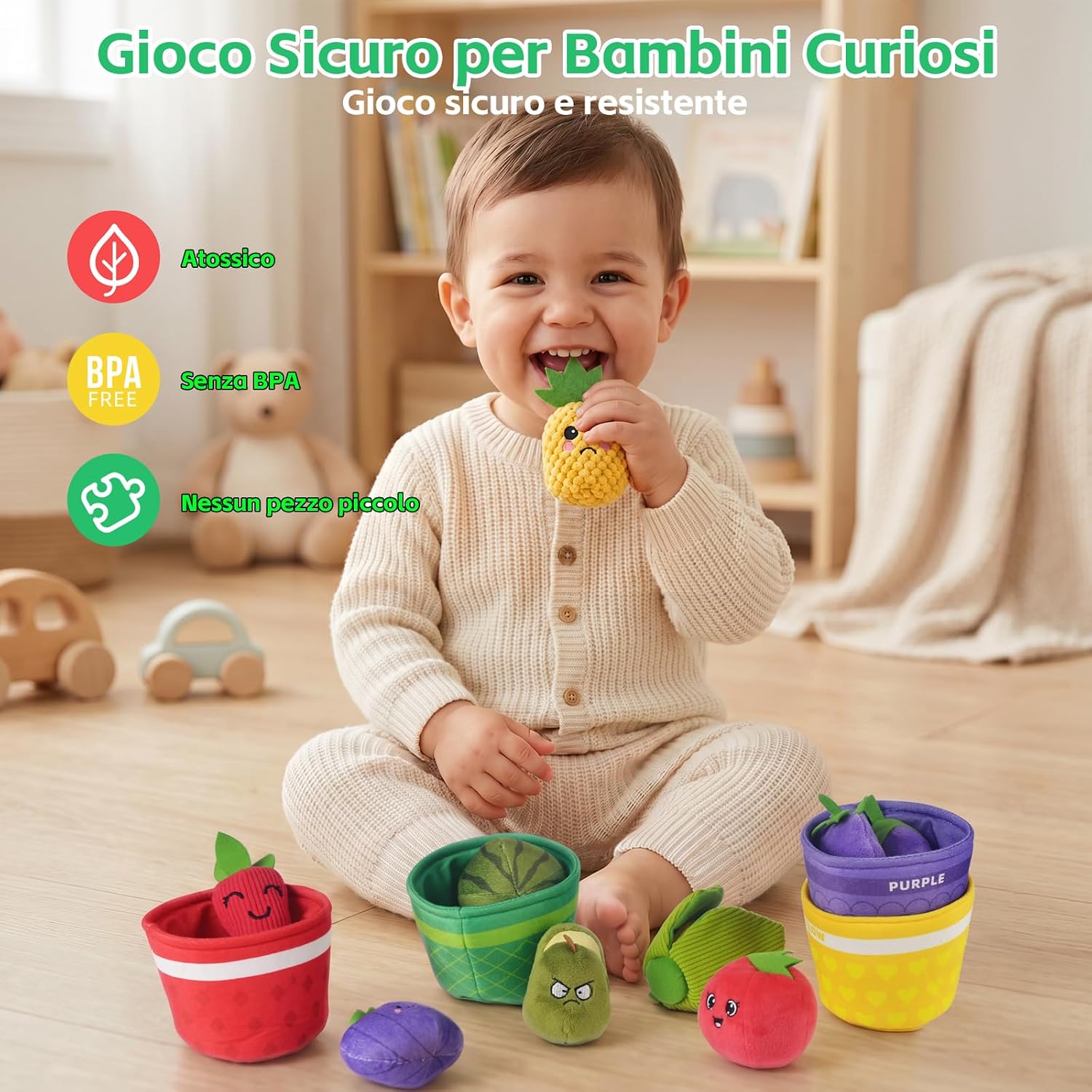 Detalle de Tokiyis Giochi Montessori 6-12 Mesi – 16 PCS Frutta Verdura Peluche con Sonaglio e Cestino