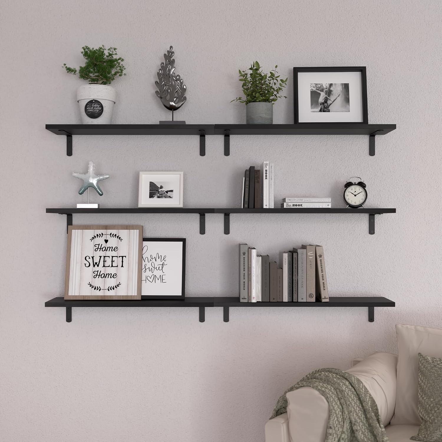 Thumbnail 5 de WOPITUES HM011B Floating Shelves, Set of 6, Black Paulownia Wood