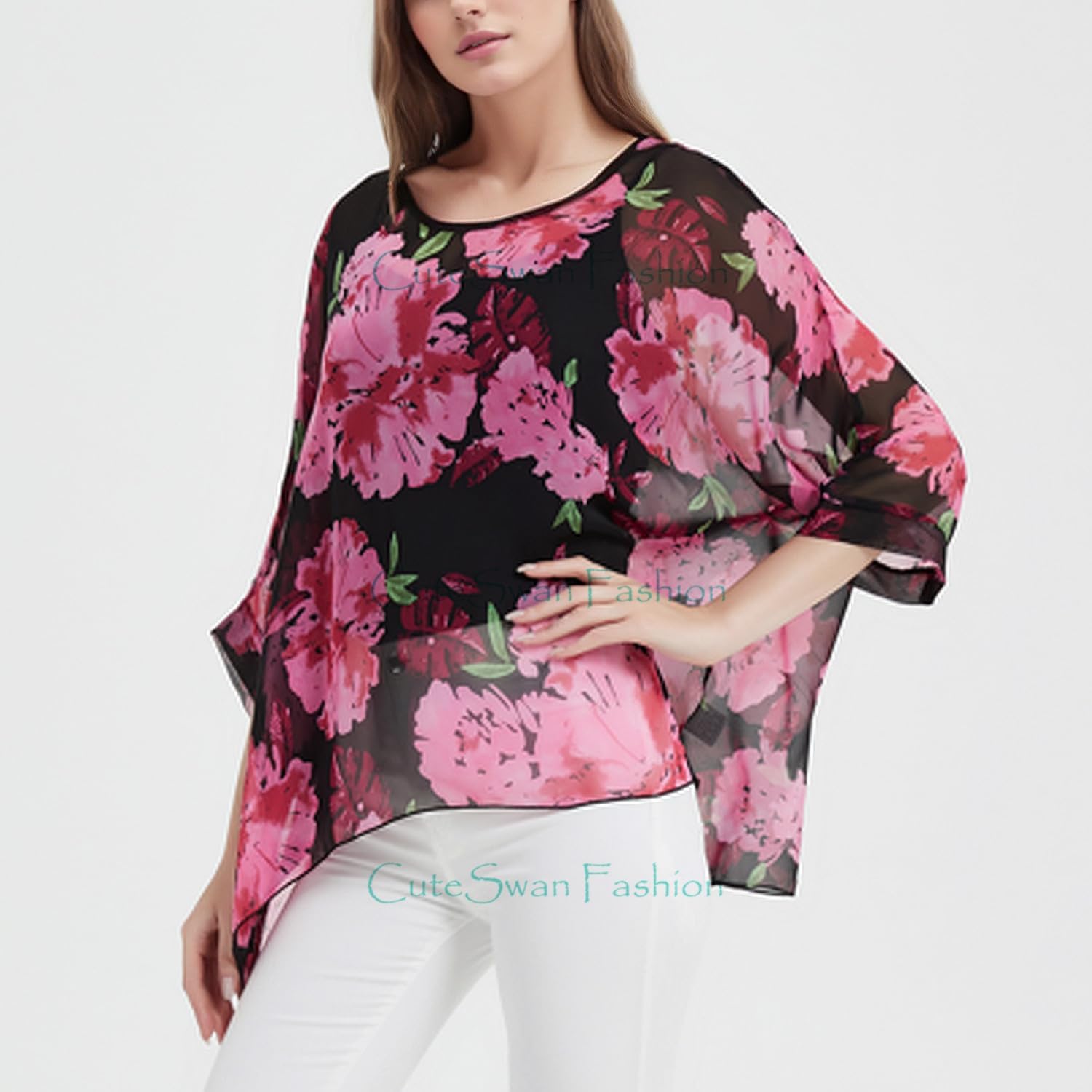 Thumbnail 4 de CuteSwan women’s bohemian print chiffon blouse tunic top (loose V-neck, batwing sleeves)