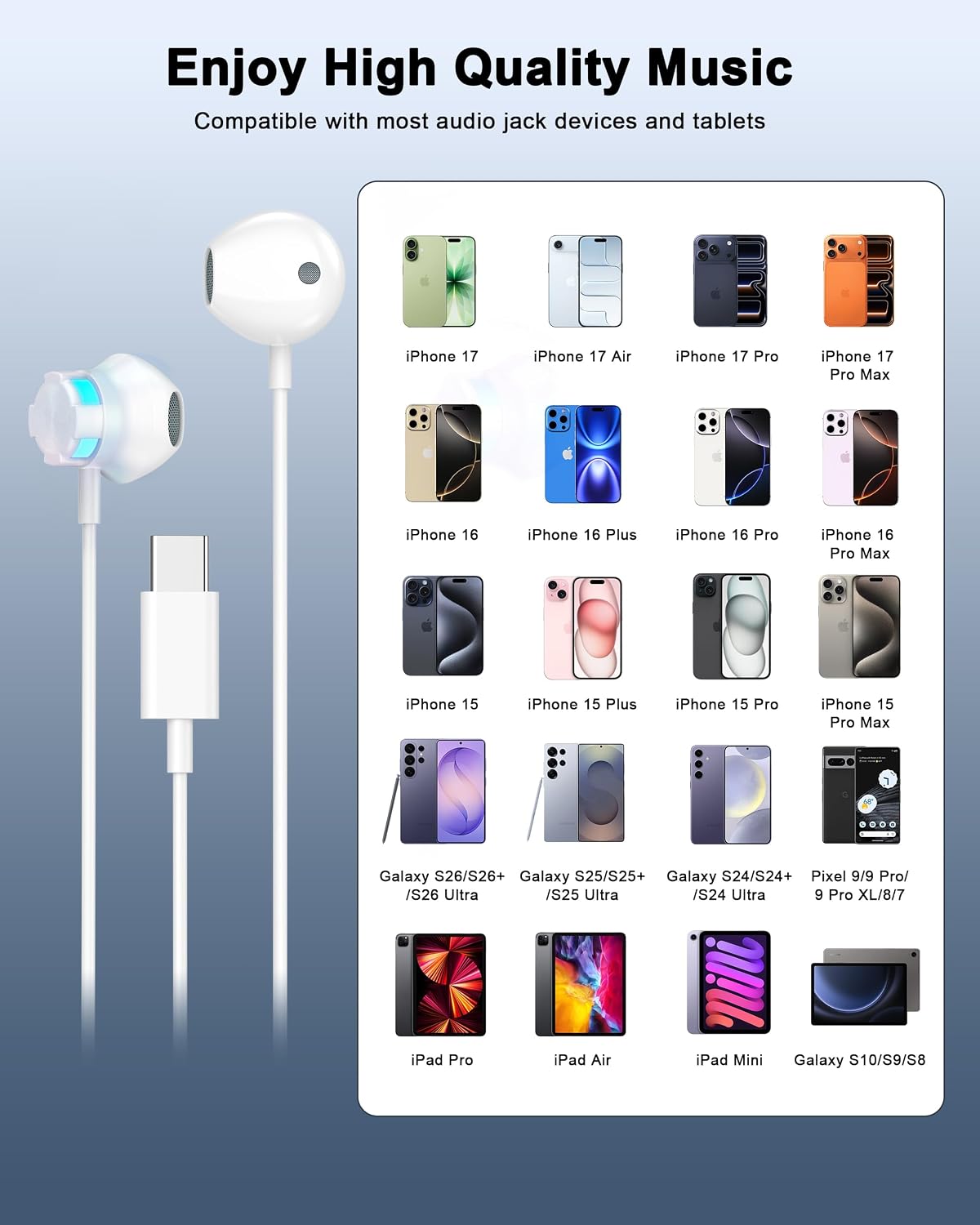 Detalle de esbeecables ES-FBAUS163 USB-C Wired Earbuds, 2-Pack with Mic and Glow Lights