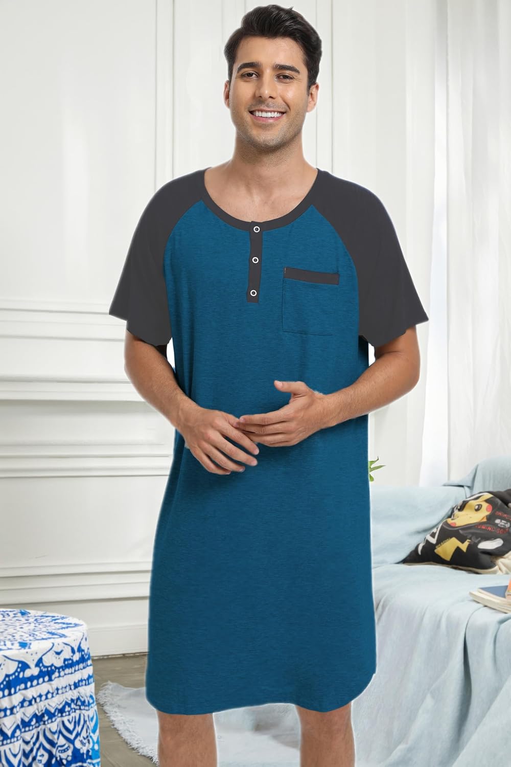 Detalle de Enjoyoself Herren Nachthemd kurzarm aus Baumwolle mit Henley-Kragen