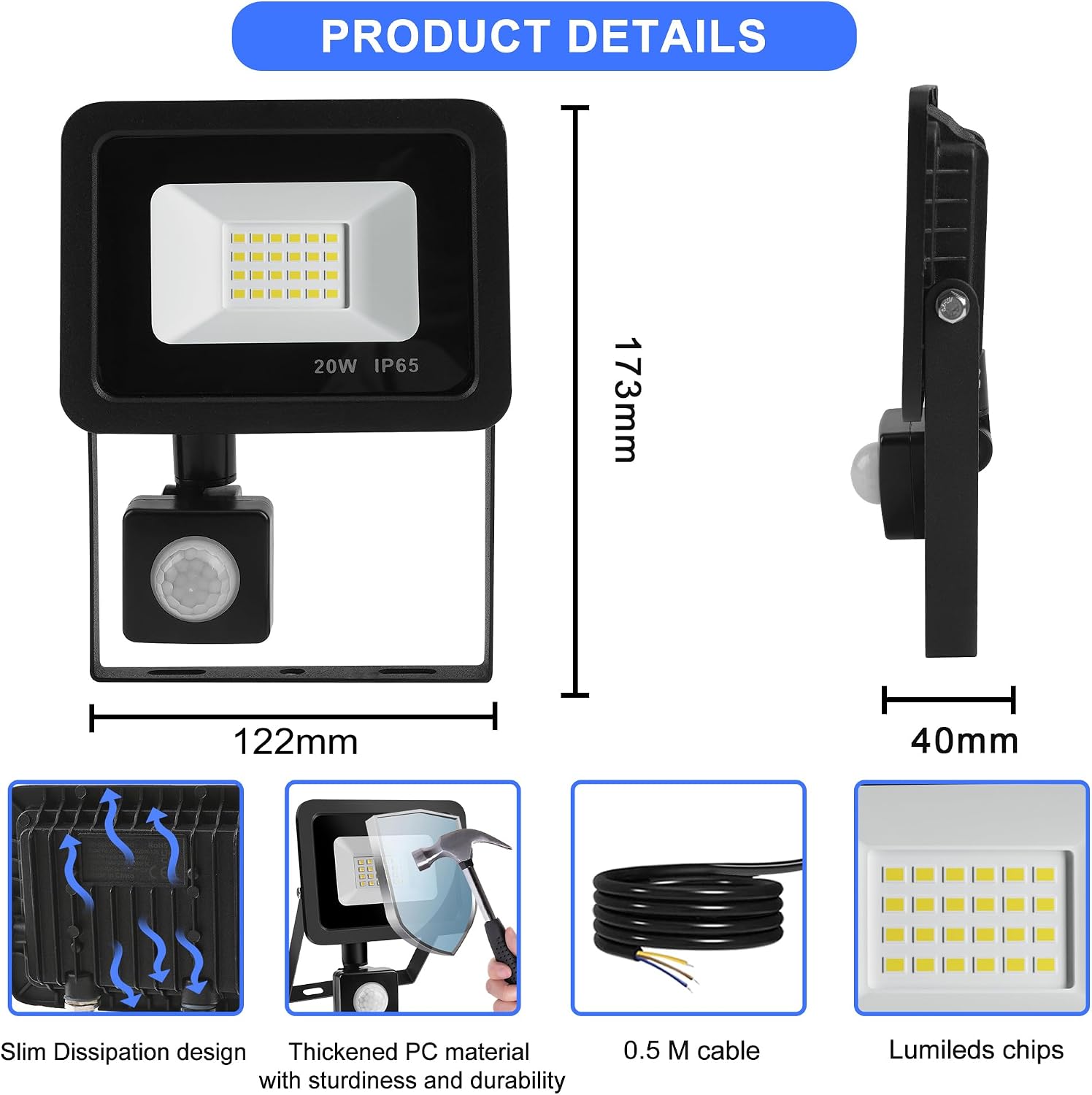 Detalle de Realky 50W Fari Led Esterno con Sensore di Movimento—Illuminazione potente e affidabile per giardino e cortile