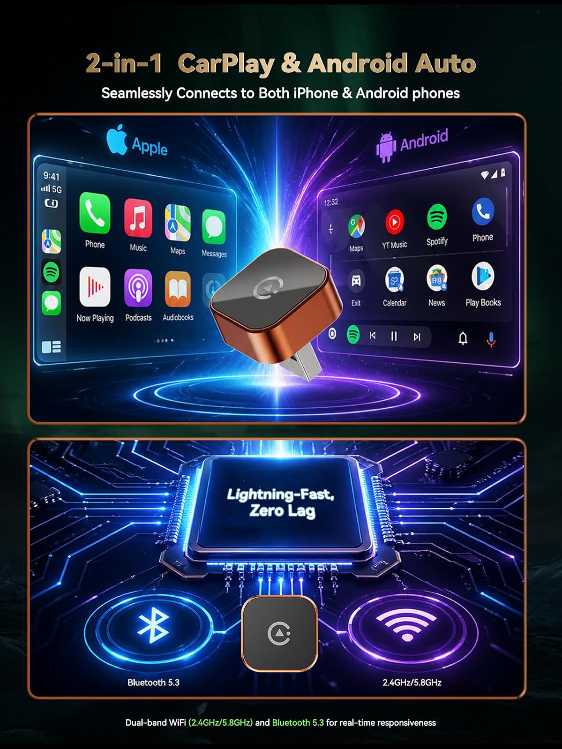 Detalle de Spedal 2026 Wireless CarPlay & Android Auto Adapter 2-in-1 – kabellos, mit WiFi 6 (Orange)