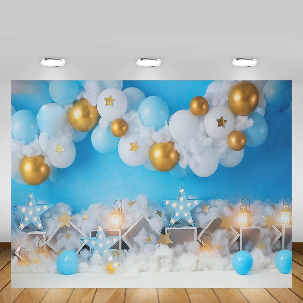 Thumbnail 3 de MEHOFOND 7x5ft boy birthday photo backdrop (white cloud, balloon and star design) for newborn, cake smash and party shoots