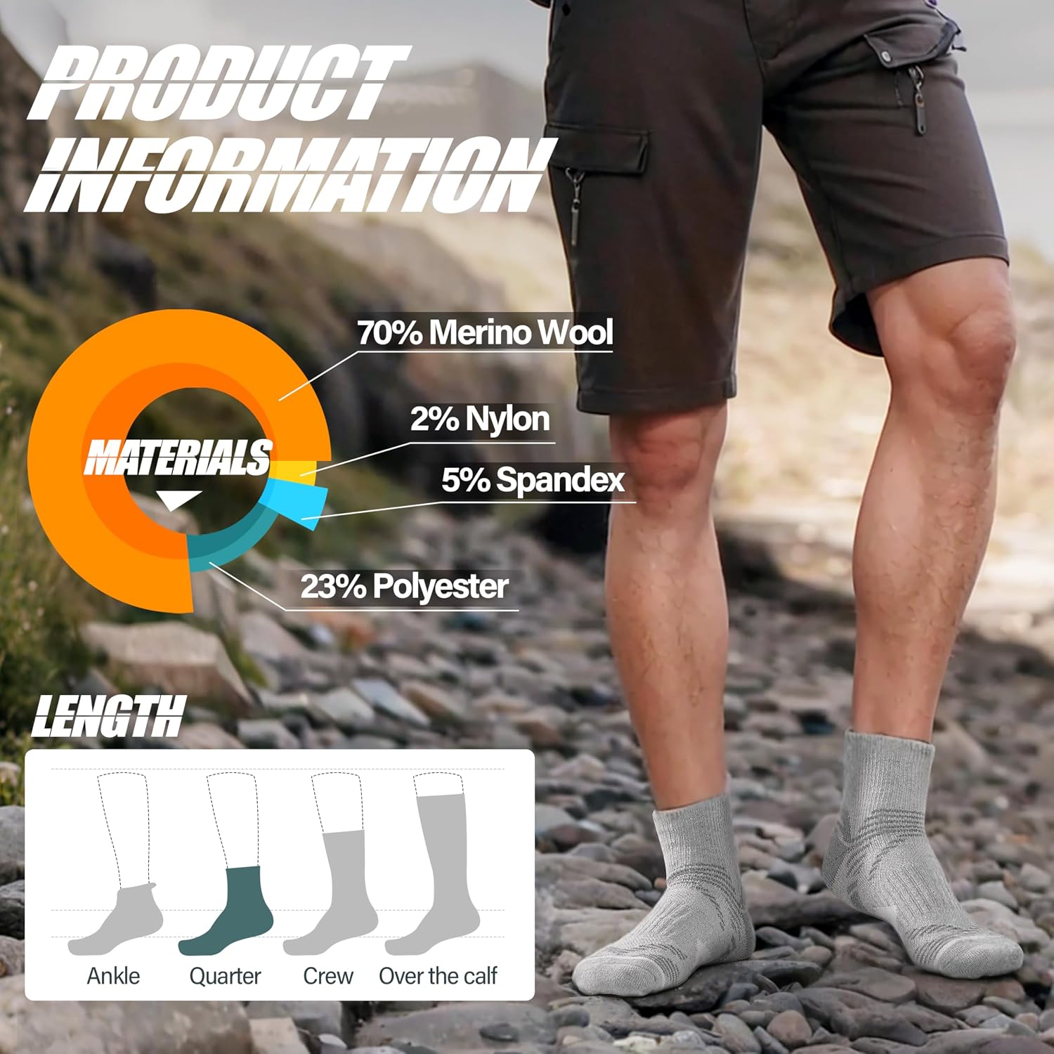 Detalle de ANTSANG 6 Pairs Merino Wool Quarter Ankle Hiking Socks with Compression and Thick Cushion