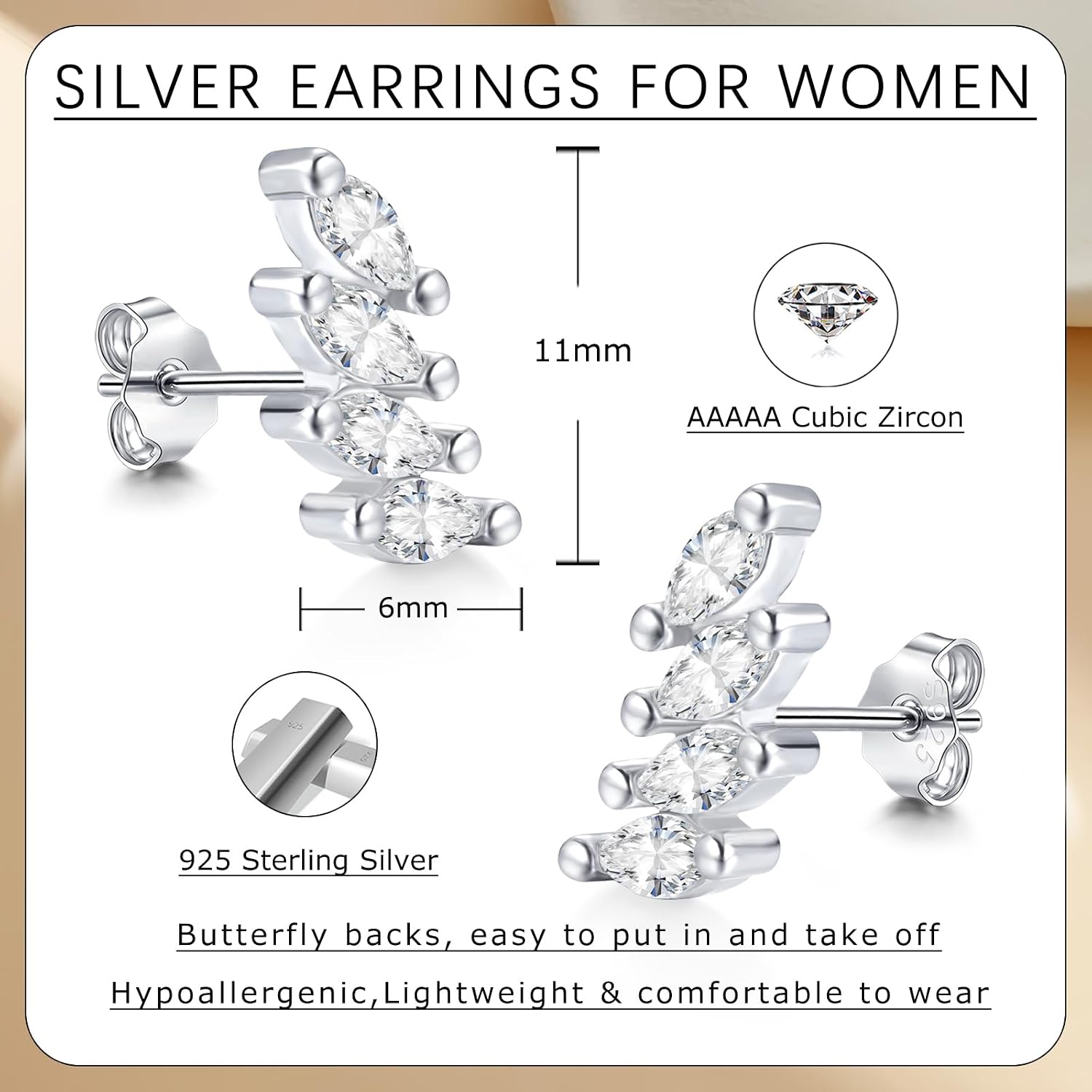 Detalle de Kamise Silber 925 Engelsflügel-Ohrstecker mit Zirkonia – hypoallergen, Geschenkbox
