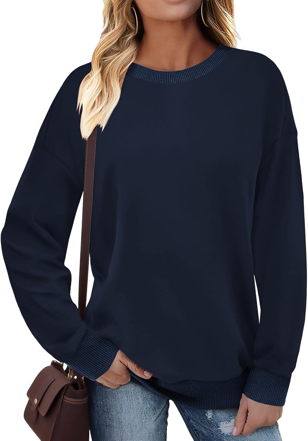 Detalle 2 de Cuptacc Damen Pullover mit Rundhalsausschnitt – weiches Langarm-Sweatshirt mit Kontrastdetails
