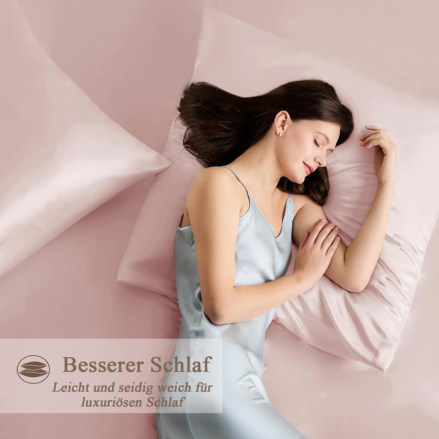Detalle de Vielit Satin Kissenbezug 80x80 (2er-Set) mit 2 Haargummis – rosa, glatt wie Seide