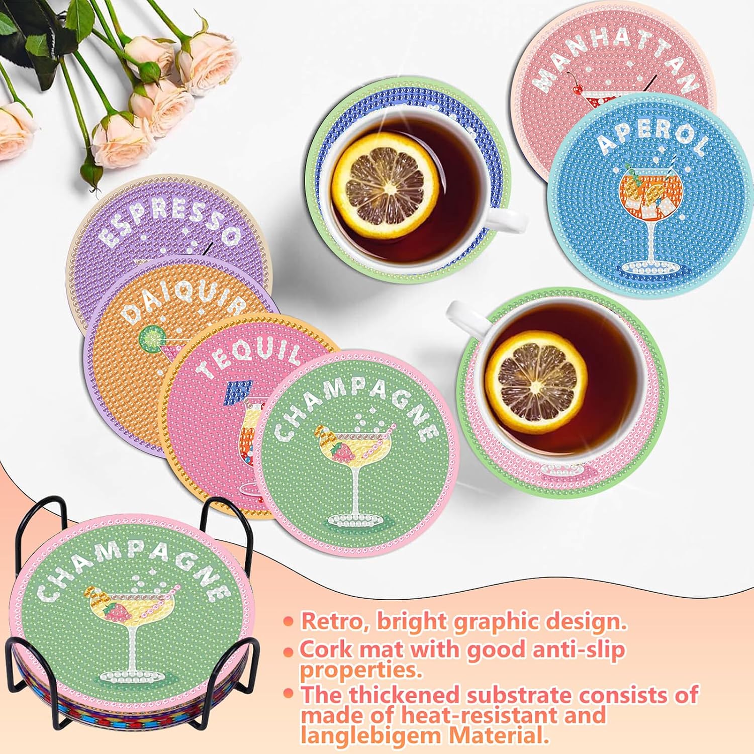 Detalle 2 de hkejoi BDWY205 Cocktail Diamond Art Coaster Kit, 8 Wood Coasters with Stand