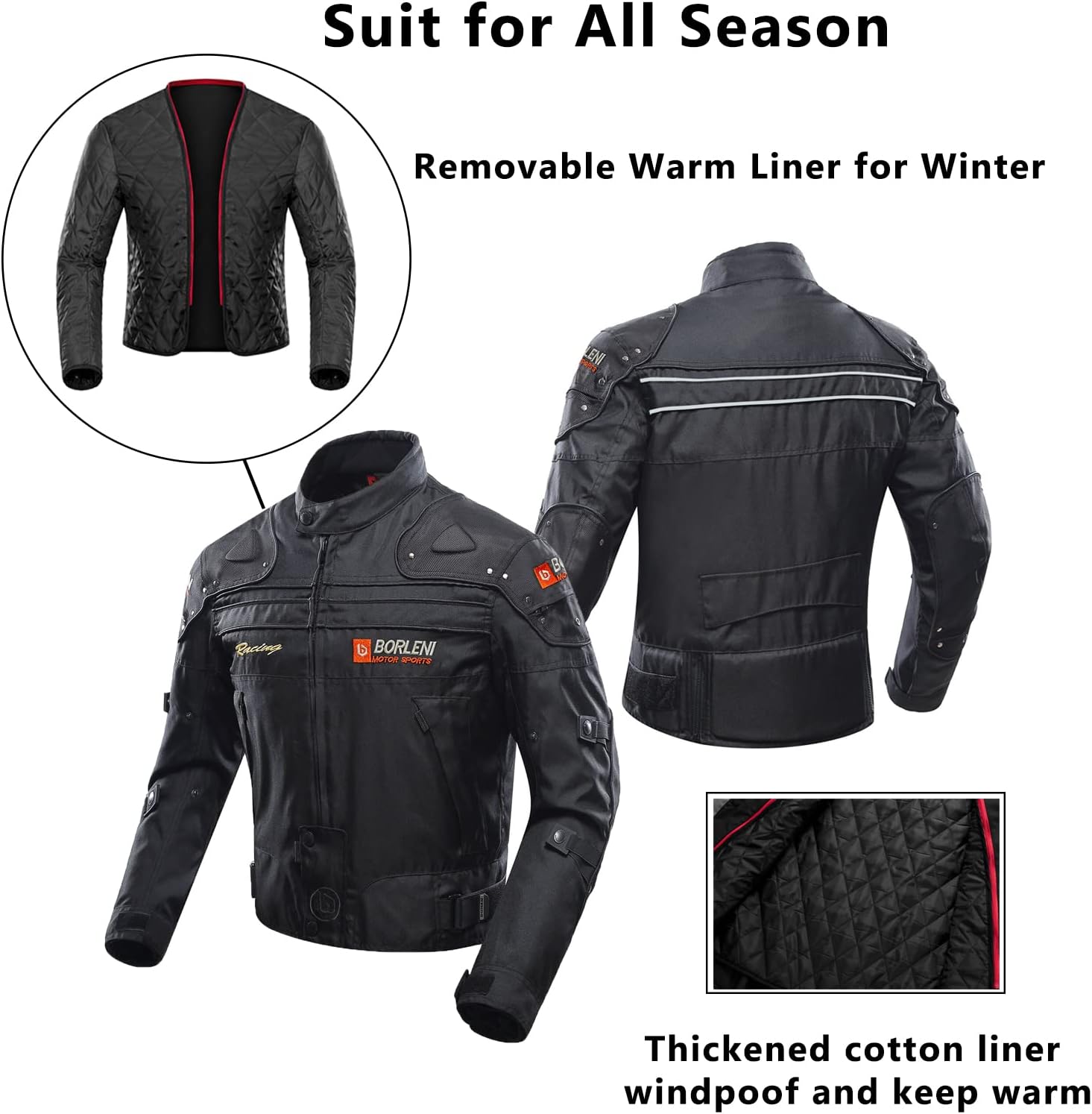 Thumbnail 3 de BORLENI Giacca da moto uomo tutte le stagioni con protezioni CE e gilet termico removibile