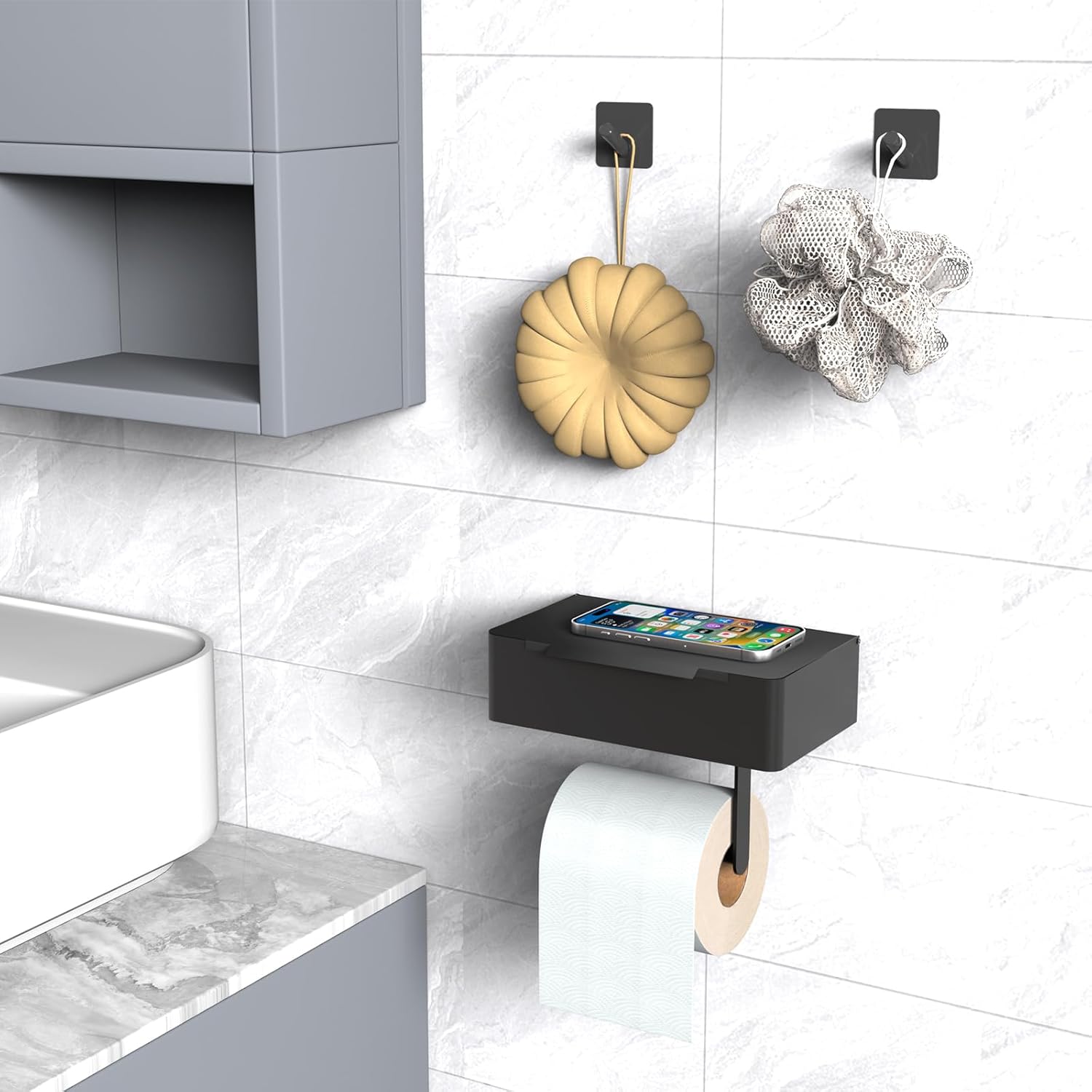 Thumbnail 5 de SURFOU 3-in-1 Toilettenpapierhalter ohne Bohren mit Feuchttücherbox und 2 Haken (schwarz)
