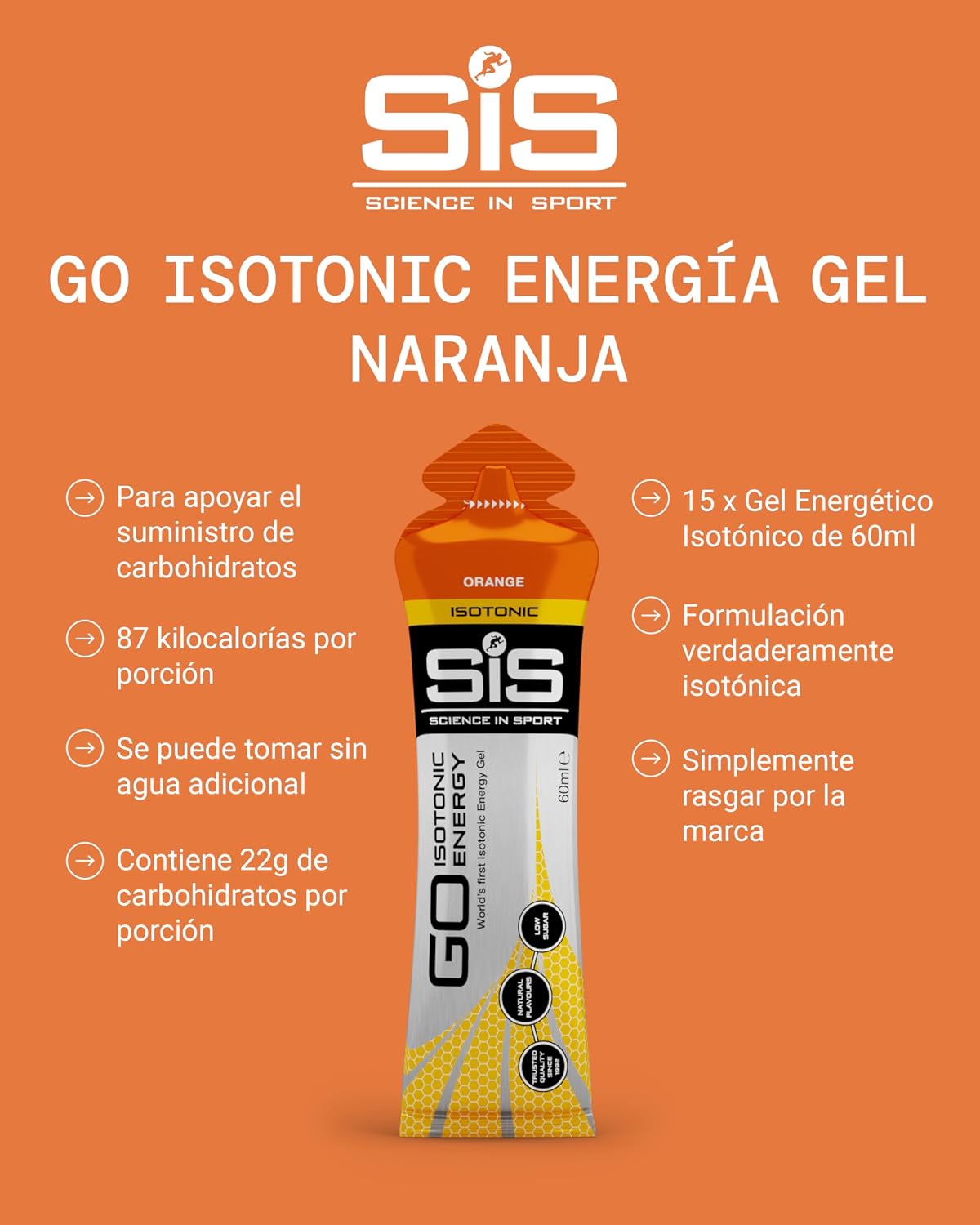 Detalle 2 de Science in Sport GO Gel Energético 🍊 15x60ml Naranja Vegano