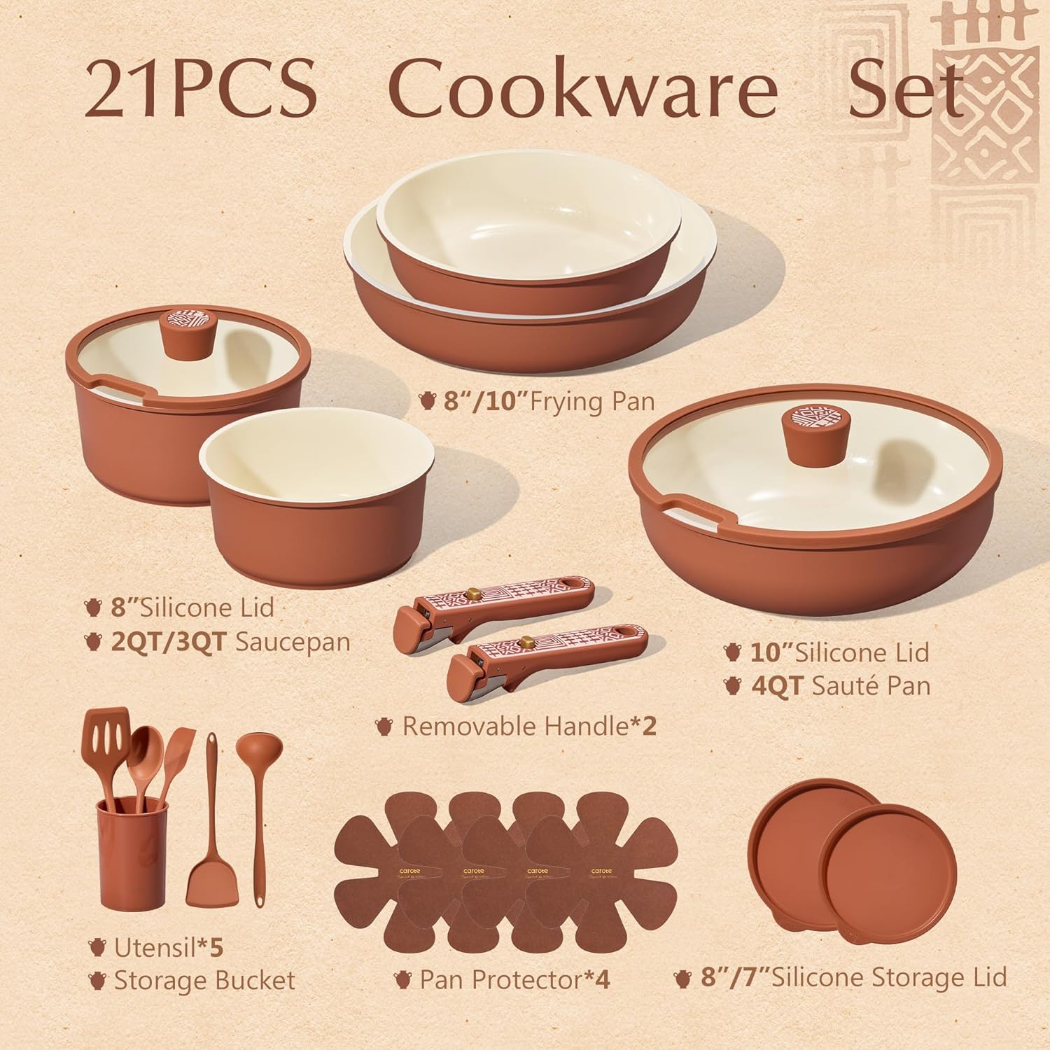 Detalle de CAROTE 21-Piece Ceramic Cookware Set with Detachable Handle (Terracotta)