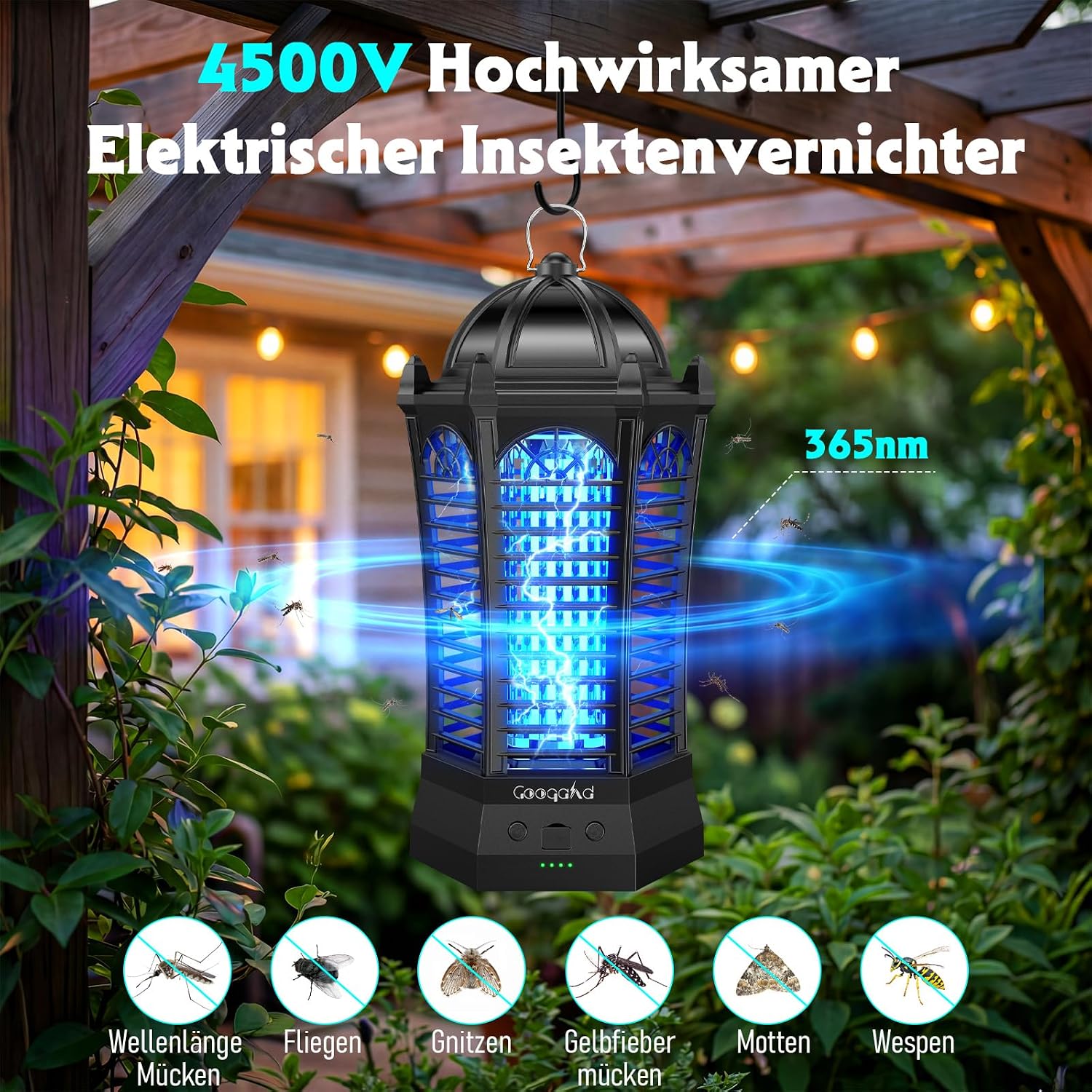 Detalle de GooQand Insektenvernichter elektrisch mit LED-Beleuchtung – 3-in-1 für Innen und Außen