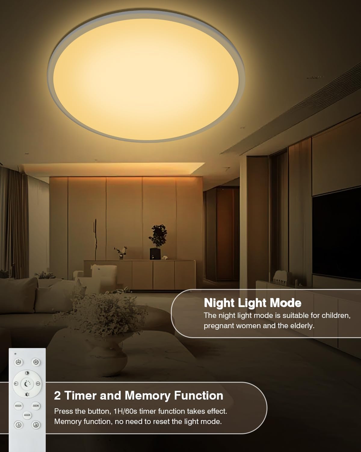 Thumbnail 4 de Bowfar 59 cm LED-Deckenlampe flach (56 W) mit Fernbedienung, 3000–6500 K, dimmbar, weiß