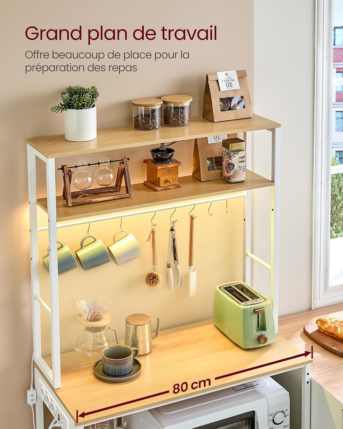 Thumbnail 6 de VASAGLE étagère de cuisine avec LED et multiprise KKS050YA01 (40 x 80 x 168,4 cm) – doré chêne et blanc mat