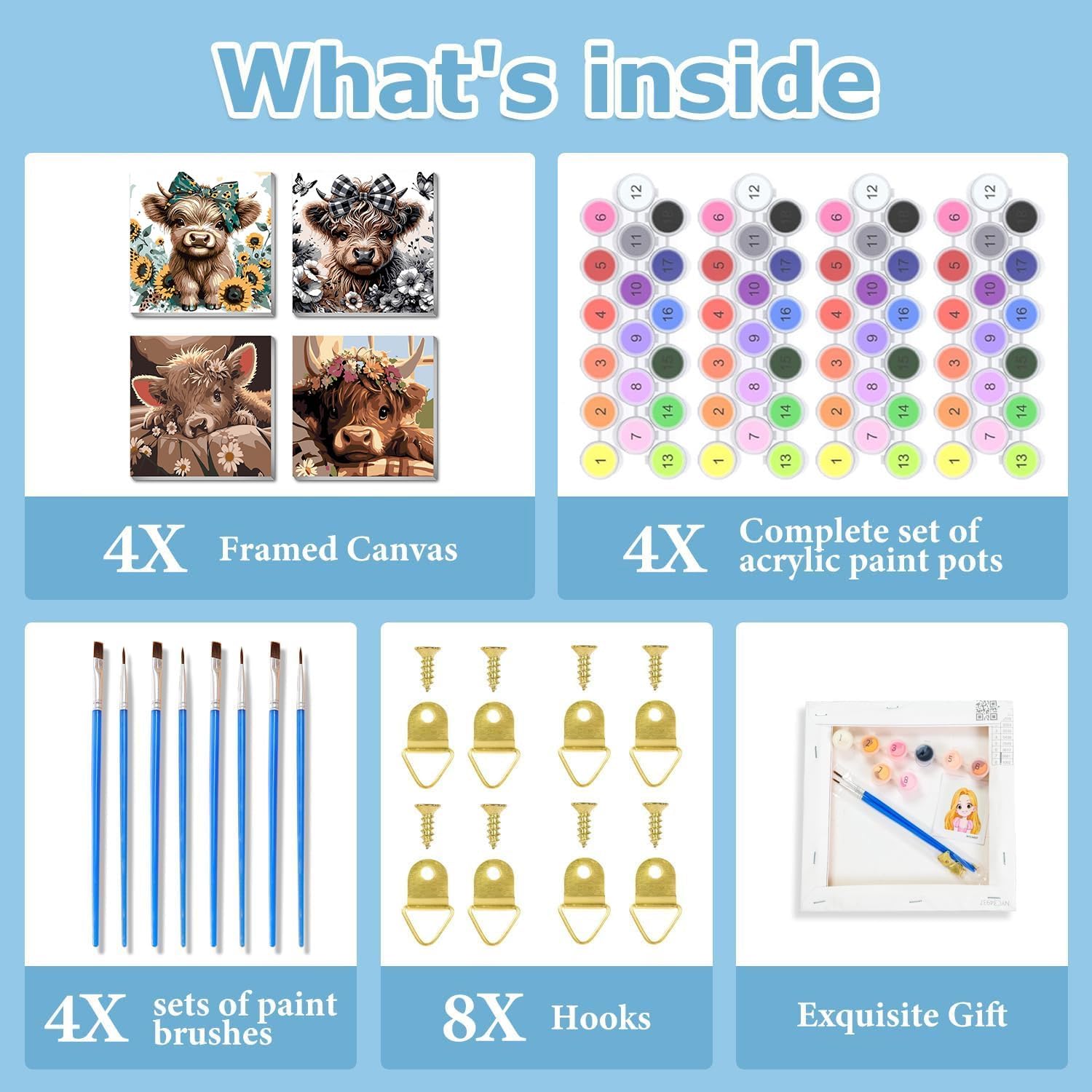 Detalle 1 de mrpwnle Highland Cow Paint-by-Number Kit, 4 Framed Canvases with Acrylic Paints